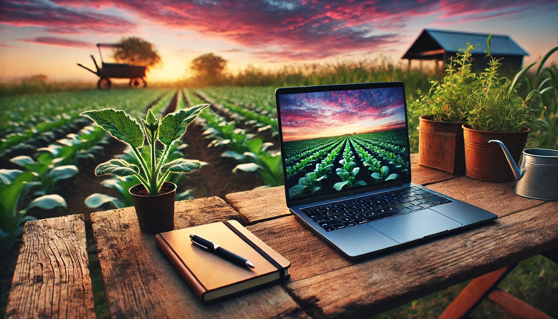 Computer work in a field of plants.